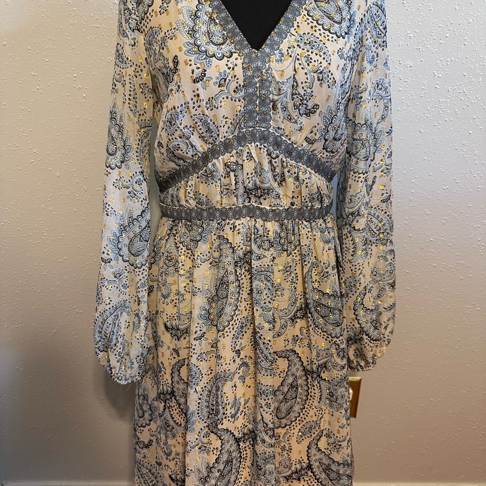 Blue and White V-Neck Wrap Dress with Bishop Sleeves